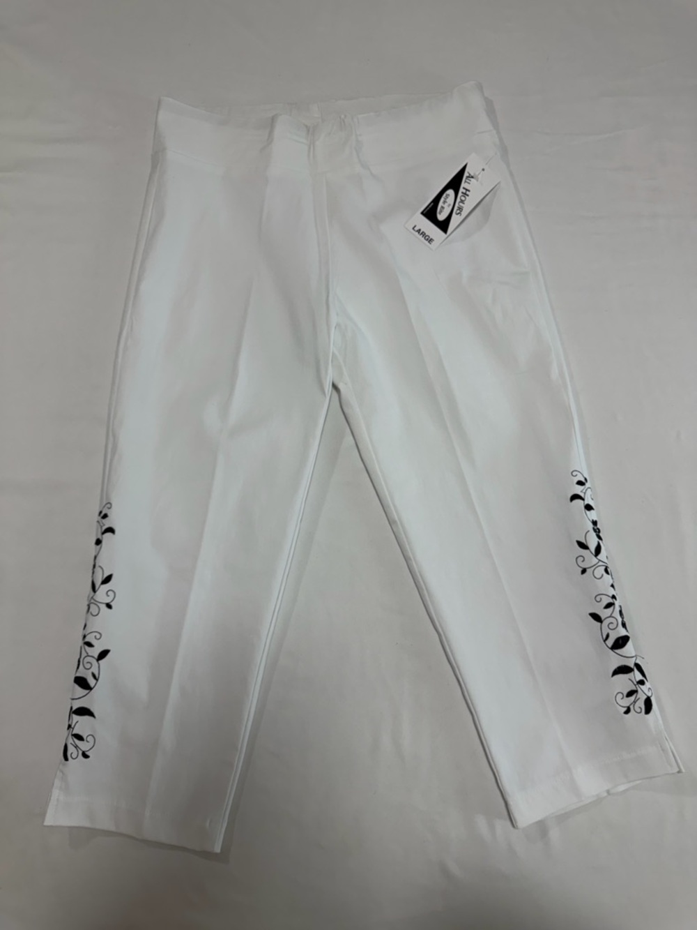Women’s White Capri Pants with Black Side Embroidery